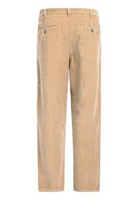 Beige kordfløyelsbukser med rett snitt, med to baklommer og knappdetaljer. Tøyet har en strukturert, ribbet overflate.