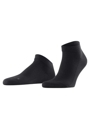 Schwarze Knöchelsocken aus einem glatten, dehnbaren Stoff. Mit einem gerippten Bündchen und einer geschwungenen Ferse, verstärkter Zehenpartie und Fußgewölbeunterstützung.