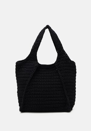 Schwarze Häkel-Tasche mit zwei stabilen Griffen, einem strukturierten Stoffmuster und einem geräumigen Innenraum. Minimalistisches Design für den täglichen Gebrauch.