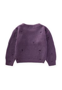 Maglione viola lavorato a maglia con design ampio e fori irregolari, polsini e orlo a coste e scollo rotondo. Realizzato con filato testurizzato.