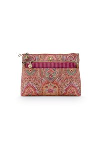 Multi-pocketed bag with a pink floral pattern, gold accents, and a textured surface. Features a top zipper and an additional front compartment.