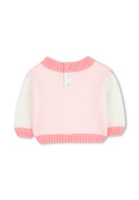 Maglione lavorato a maglia in rosa e bianco, con scollatura rotonda, maniche corte e chiusura a tre bottoni sul retro. Polsi e orlo a costine.