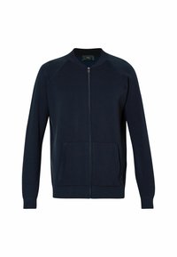 Mørkeblå cardigan med lynlås, ribstrikket krave, manchetter, kant og to forlommer, vist på hvid baggrund.