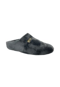Grijze faux fur slipper met een ontwerp met gesloten achterkant, een zachte textuur en gouden borduursels op de bovenkant.