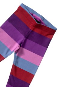 Bunte Leggings mit horizontalen Streifen in Rot, Pink, Lila und Blau, aus Baumwolle, mit elastischem Bund.