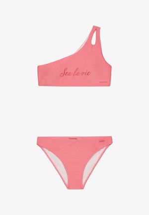Asimetrični bikini set u svijetlo ružičastoj boji. Gornji dio s natpisom "Sea la vie" s laganim sjajem, s jednim naramenicom. Donji dio ima klasičan kroj.