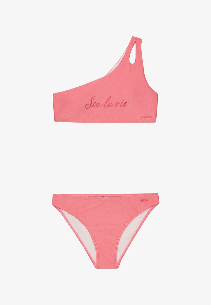Ensemble de bikini asymétrique en rose vif. Le haut présente l'inscription "Sea la vie" avec un léger éclat, et possède une seule bretelle. Le bas a une coupe classique.