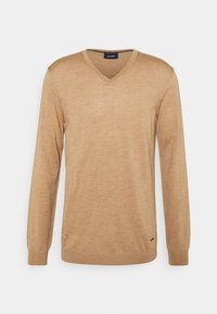 V-Ausschnitt, langärmeliger Pullover in Hellbraun, aus einem weichen Strickmaterial gefertigt. Verfügt über eine dezente Textur und ein kleines Markenlabel am Saum.