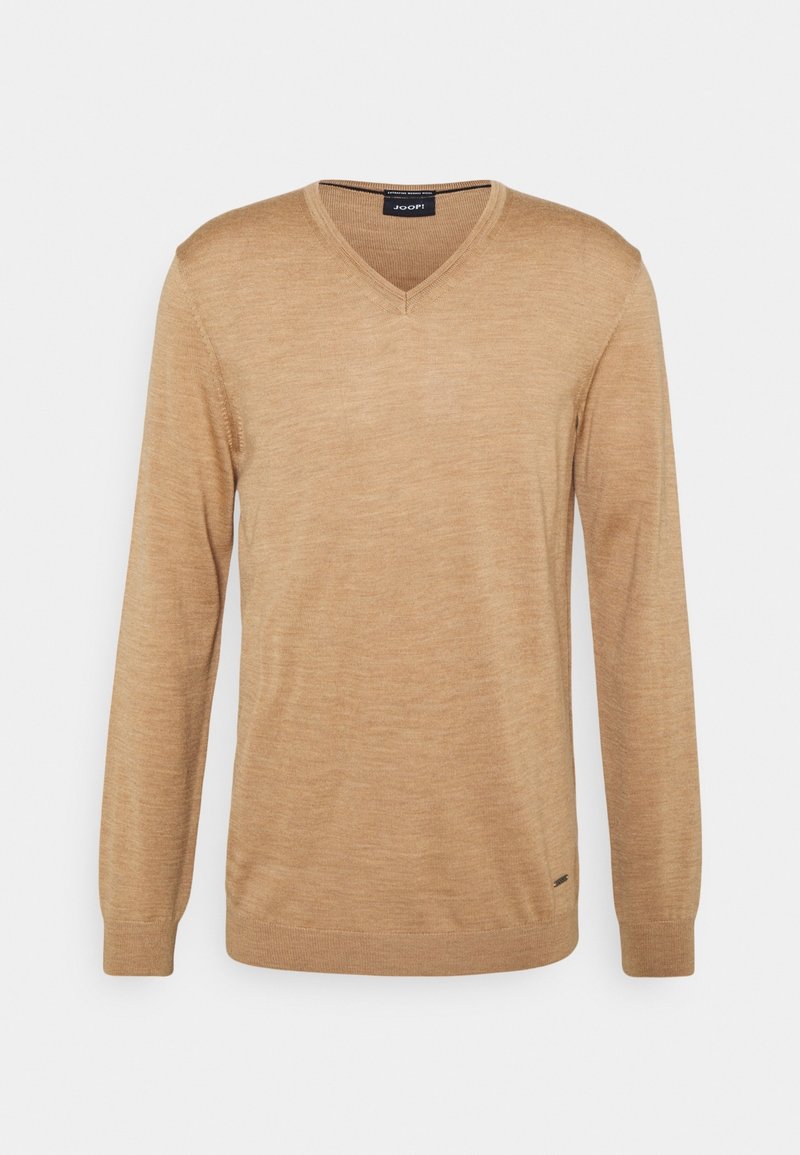 V-Ausschnitt, langärmeliger Pullover in Hellbraun, aus einem weichen Strickmaterial gefertigt. Verfügt über eine dezente Textur und ein kleines Markenlabel am Saum.