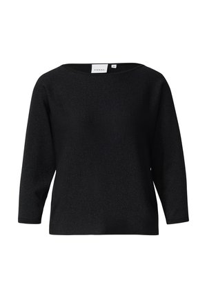 Black, three-quarter sleeve top made of a textured, slightly sparkly fabric; round neckline with a relaxed fit. Brand label visible.