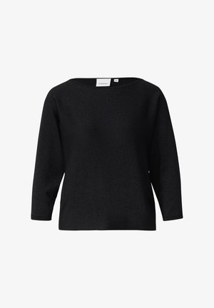 Schwarzes Oberteil mit dreiviertel Ärmeln, gefertigt aus einem strukturierten, leicht schimmernden Stoff; Rundhalsausschnitt mit lockerem Sitz. Markenlabel sichtbar.