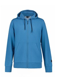 Felpa leggera azzurra con zip, realizzata in tessuto morbido, con cappuccio regolabile, due tasche frontali e polsini e orlo a costine.