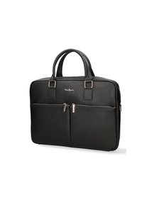 Zwarte leren laptoptas met twee voorzakken met rits, dubbele handvatten en zilverkleurige hardware. Gladde textuur met een minimalistisch ontwerp.