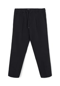 Pantaloni neri a sigaretta con vita elasticizzata e cordoncino, dotati di tasche laterali e un tessuto liscio e senza pieghe.
