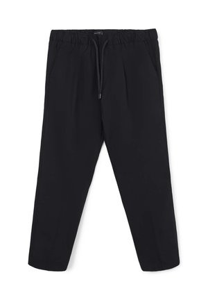 Schwarze, taillierte Hose mit elastischem Bund und Kordelzug, ausgestattet mit Seitentaschen und einem glatten, knitterfreien Stoff.