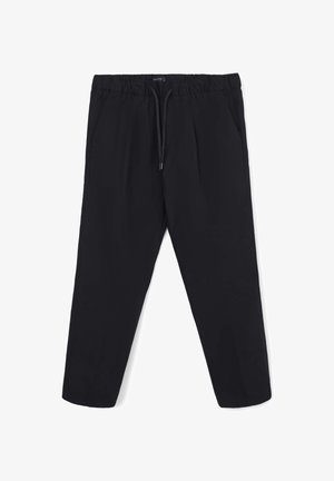 Schwarze, taillierte Hose mit elastischem Bund und Kordelzug, ausgestattet mit Seitentaschen und einem glatten, knitterfreien Stoff.