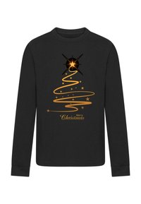 Svart långärmad tröja med en guld julgran-design, med en stjärna högst upp och texten "God Jul" i en elegant stil.