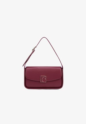 Burgundy faux leather handbag with a magnetic flap closure and gold accent logo. Features a single adjustable strap for shoulder or crossbody wear.