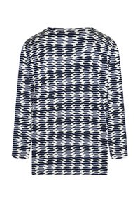 Marineblaues und weißes gemustertes Langarmoberteil mit Rundhalsausschnitt und einem strukturierten Design, das abstrakte Formen im gesamten Stoff aufweist.