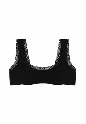Reggiseno nero con spalline larghe, caratterizzato da un bordo in pizzo lungo i lati. Tessuto morbido con un design non imbottito per il massimo comfort.