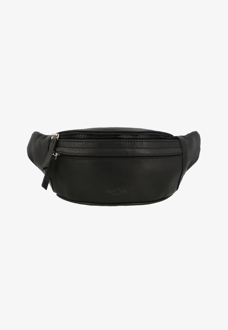 Zwarte leren heuptas met een gladde textuur, een bovenste ritsafsluiting en een gebogen vorm. Heeft subtiele stiksels en een klein logo detail.