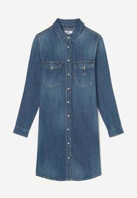 Robe chemise en denim bleu foncé, dotée d'un col pointu, de manches longues, de deux poches poitrine et de boutons sur le devant.