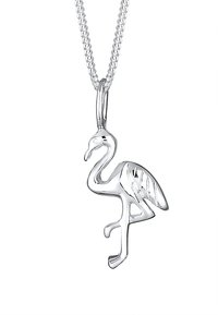 Sølv flamingo-vedhæng på en kæde, med detaljerede vinger og ben i en glat, poleret finish. Inkluderer en enkel krog.