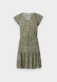 Grünes Blumenkleid mit V-Ausschnitt, kurzen schwingenden Ärmeln, tailliertem Schnitt und mehrlagigem Rüschensaum. Hat ein weißes Blumenmuster auf der gesamten Fläche.