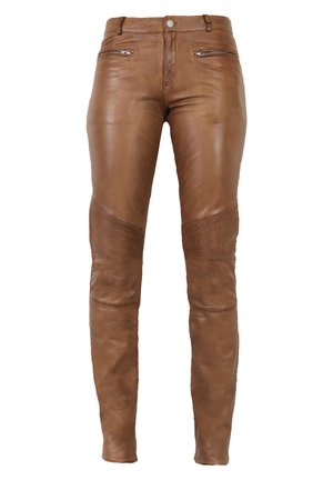 Braune Lederhosen im Slim Fit, mit einem Reißverschlussbund, zwei vorderen Reißverschlusstaschen, Kniepaneeldetails und strukturierten Akzenten an den Knien.