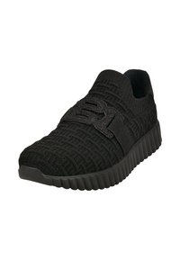 Schwarzer Strick-Schlupfschuh mit strukturiertem Muster, elastischem Riemen und dicker Gummisohle. Minimalistische Markenkennzeichnung und nahtloses Design.