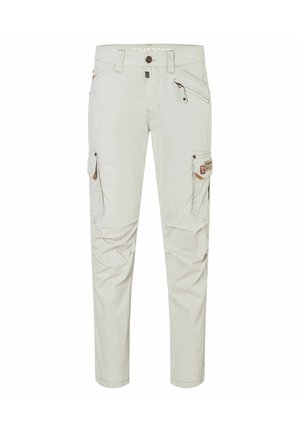 Hellbeige Cargo-Hosen mit mehreren Taschen, darunter Reißverschluss- und Klappentaschen, sowie Knopfverschluss in der Taille.