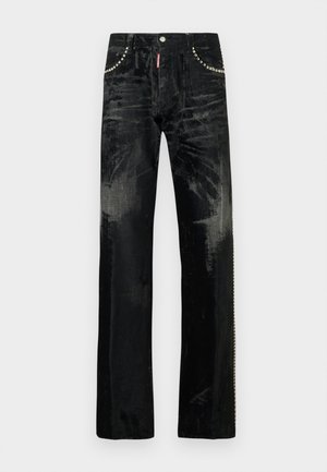 Čierne rifle s dizajnom rovného strihu, vybavené lesklými kovovými doplnkami na vreckách a jemnou textúrou. Klasický štýl s 5 vreckami.