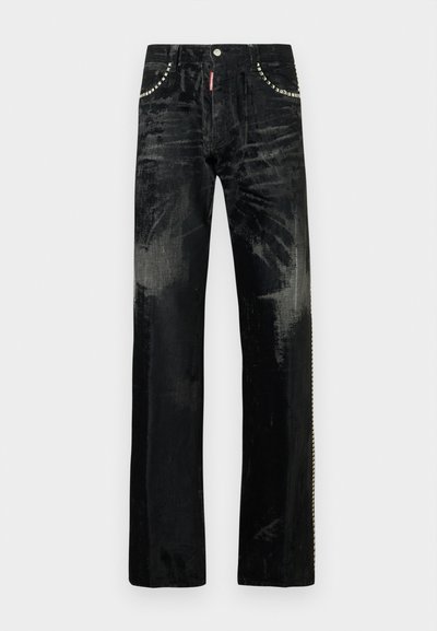 Vaqueros negros con diseño de pierna recta, que cuentan con detalles metálicos brillantes en los bolsillos y una ligera textura. Estilo clásico de 5 bolsillos.