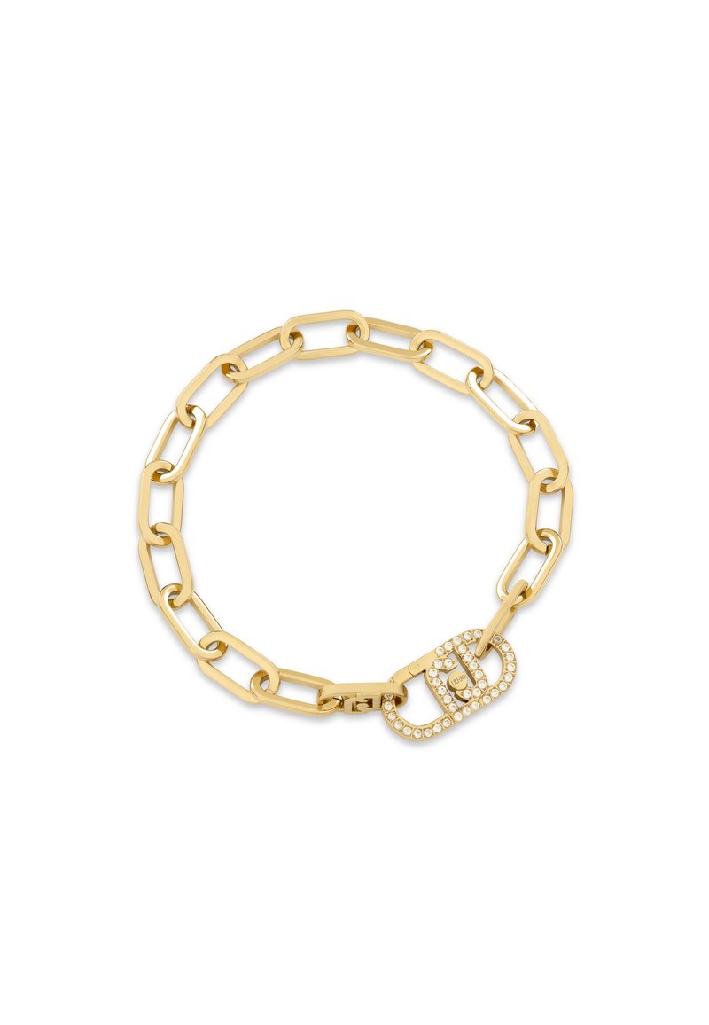 Bracciale in metallo dorato con anelli rettangolari e ovali alternati. Presenta una chiusura decorativa adornata con strass trasparenti.