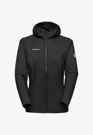 Schwarze isolierte Jacke mit Kapuze, durchgehendem Reißverschluss, seitlichen Taschen und einem Logo auf der Brust. Glatte Textur mit tailliertem Design.