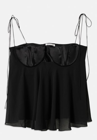 Czarny top wykonany z satyny i przezroczystego materiału, z wyprofilowanym biustem o zaokrąglonych krawędziach, regulowanymi zapięciami i rozszerzanym dołem.