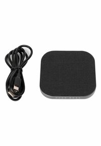 Black wireless speaker with a square shape, textured fabric top, and a metal base. Includes a black USB charging cable.