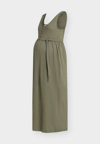 Φόρεμα εγκυμοσύνης μάξι σε χακί πράσινο χωρίς μανίκια, με κουμπιά, εφαρμοστό μπούστο, ζώνη στη μέση και ζώνη δέσιμο.