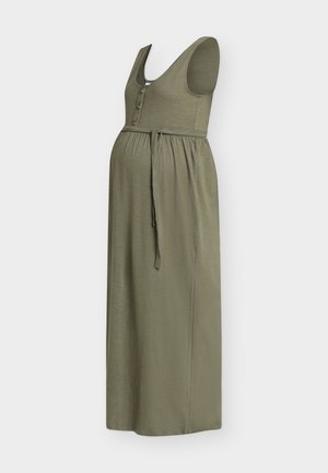 Rochie maxi de maternitate fără mâneci, verde măsliniu, cu nasturi, corset cambrat, talie imperiu și curea de legat.