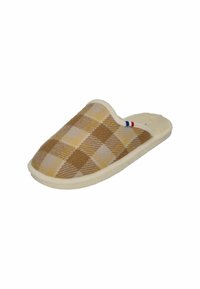 Brown and yellow plaid slipper with a soft, textured upper and cream-colored lining. Features a cushioned sole and a slight curve along the opening.