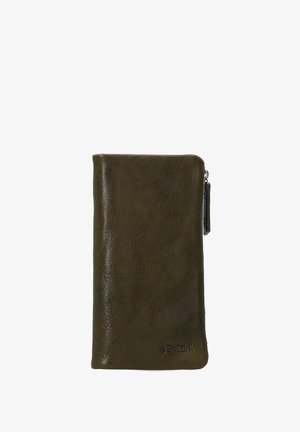 Olive green leather wallet with a textured surface, zip closure, and a subtle logo embossed at the bottom. Rectangular shape.