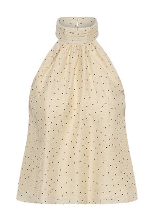 Robe beige sans manches à col montant plissé, ornée de pois noirs, avec fermeture à boutons dans le dos.