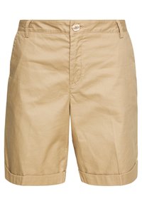 Beige bomullsshorts med knäppning, som har en slät front, uppvikta fållar och subtila sömnadsdetaljer på midjeresåren.