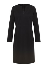 Schwarzes knielanges Kleid mit langen Ärmeln, geradem Schnitt und kleinem V-förmigem Ausschnitt.