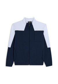 Chaqueta azul marino y azul claro con cremallera, que presenta un cuello alto, bolsillo frontal y bolsillos laterales, hecha de tela suave con un acabado texturizado.