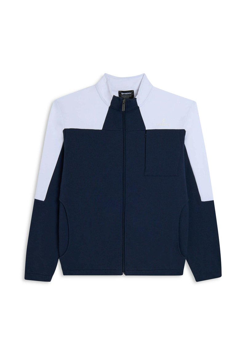 Chaqueta azul marino y azul claro con cremallera, que presenta un cuello alto, bolsillo frontal y bolsillos laterales, hecha de tela suave con un acabado texturizado.