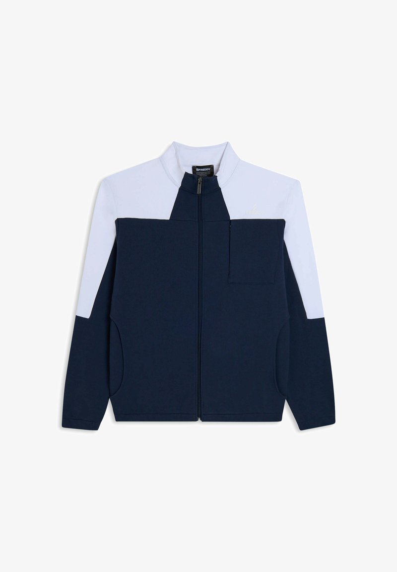 Chaqueta azul marino y azul claro con cremallera, que presenta un cuello alto, bolsillo frontal y bolsillos laterales, hecha de tela suave con un acabado texturizado.