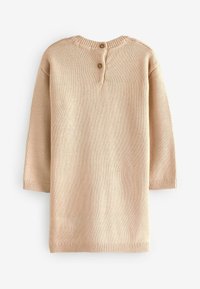 Hellbeige Strickkleid, runder Ausschnitt, drei Viertelärmel, Knopfverschluss hinten, gerippter Saum und Ärmelbündchen.