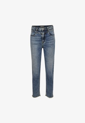 Hellblaue Jeans aus Denim mit geradem Bein, Fünf-Taschen-Design, fransigem Saum und klassischem Knopfverschluss.