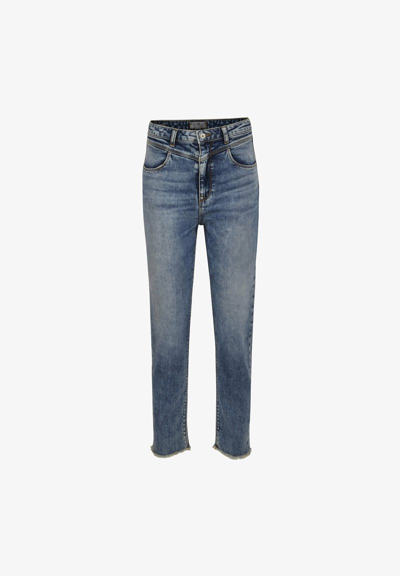 Světle modré džíny z denimu se rovnými nohavicemi, pětidílným designem, roztrhaným lemem a klasickým zapínáním na knoflík.